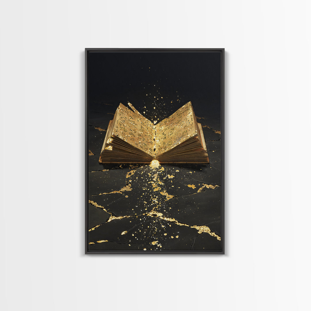 Ancient Rune Book Canvas Gold Art Canvas Art | Norse Mythology Viking Decor for Office Art or Man Cave | Natural Wood Framing
