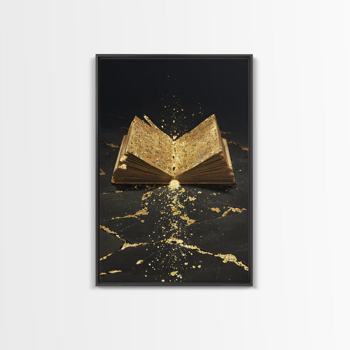 Ancient Rune Book Canvas Gold Art Canvas Art | Norse Mythology Viking Decor for Office Art or Man Cave | Natural Wood Framing