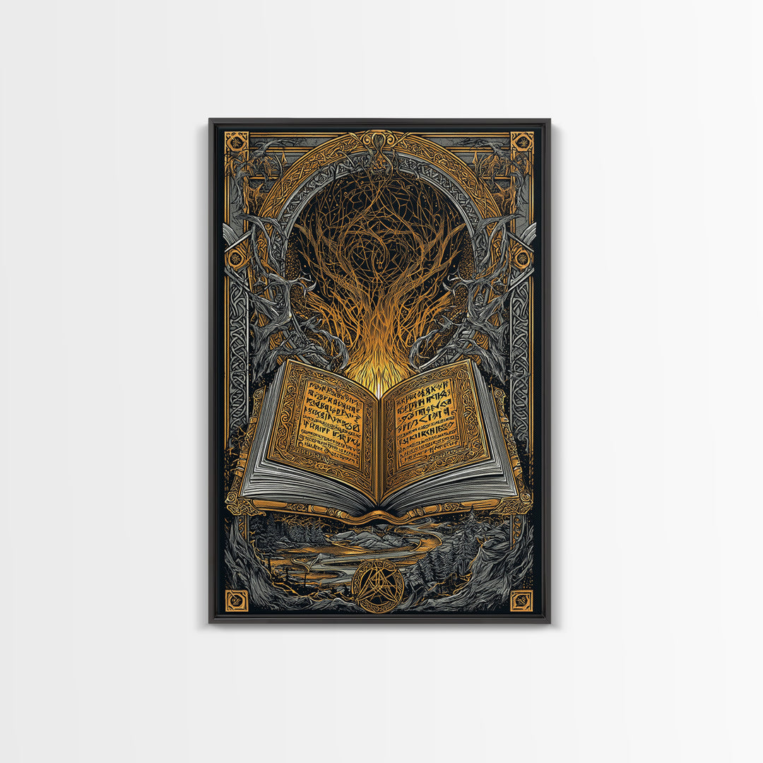 Viking Grimoire Canvas Gold Art Canvas Art | Norse Mythology Rune Book Wall Decor for Dad Gift or Study | Framed in Real Wood