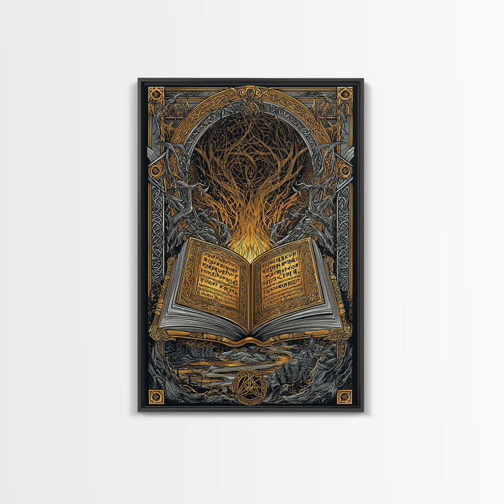 Viking Grimoire Canvas Gold Art Canvas Art | Norse Mythology Rune Book Wall Decor for Dad Gift or Study | Framed in Real Wood