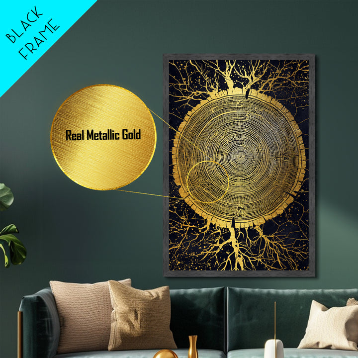 Metallic Gold Art of Yggdrasil Inspired Tree Rings, Norse Mythology Metal Art for Dad Gift or Study, handcrafted real wood frame