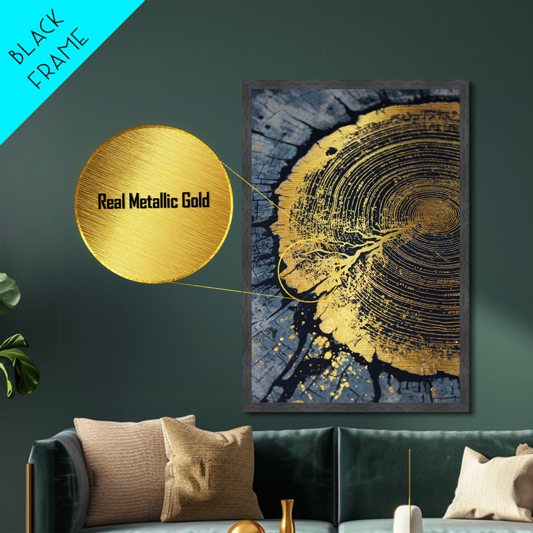 Odin’s Yggdrasil Tree Ring Metallic Gold Art, Nordic Mythology Metal Art for Man Cave or Office, framed in natural real wood