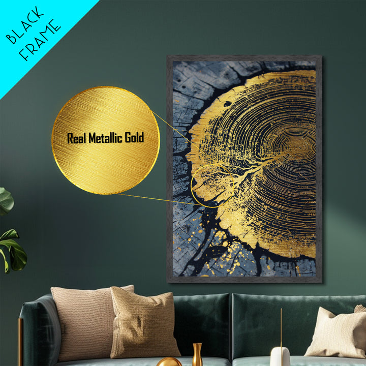 Odin’s Yggdrasil Tree Ring Metallic Gold Art, Nordic Mythology Metal Art for Man Cave or Office, framed in natural real wood
