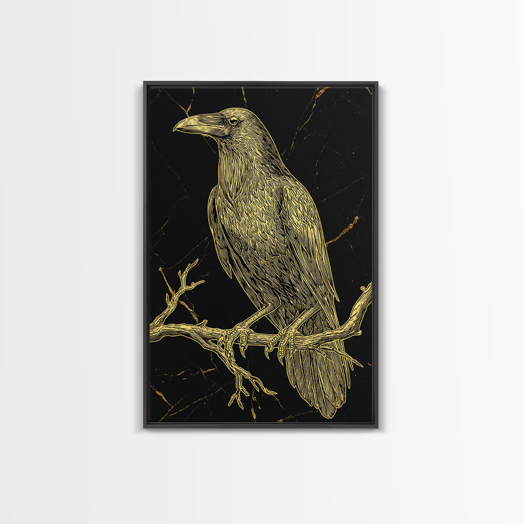 Raven Canvas Gold Art Wall Decor, Huginn and Muninn Inspired Norse Mythology Canvas Art for Office or Man Cave, in real wood frame