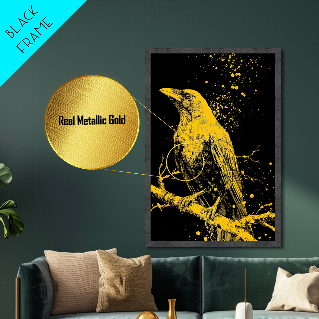 Nordic Mythology Raven Metallic Gold Art, Odin’s Huginn Raven Metal Art for Dad Gift, Office or Study, framed with natural wood