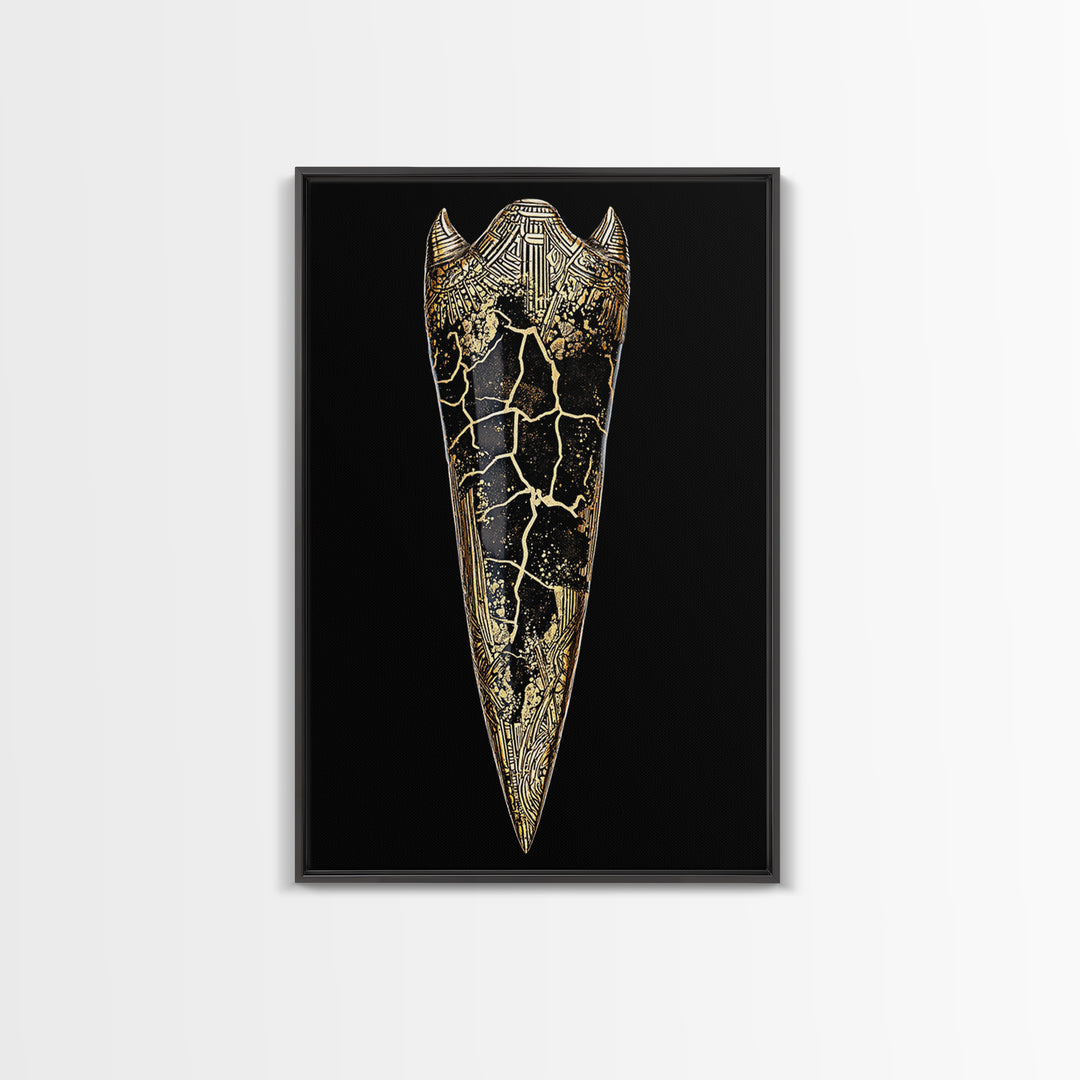 Viking Armor Relic Canvas Gold Art, Nordic Mythology Inspired Canvas Art Wall Decor for Office or Man Cave, with real wood frame