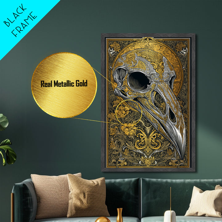 Norse Crow Skull Metallic Gold Art, Nordic Mythology Metal Art for Man Cave or Office, framed in handcrafted real wood frame