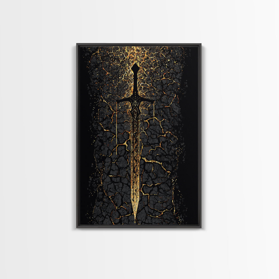 Viking Sword Canvas Gold Art, Norse Mythology Canvas Art Wall Decor for Dad Gift, Office or Study, framed with natural real wood