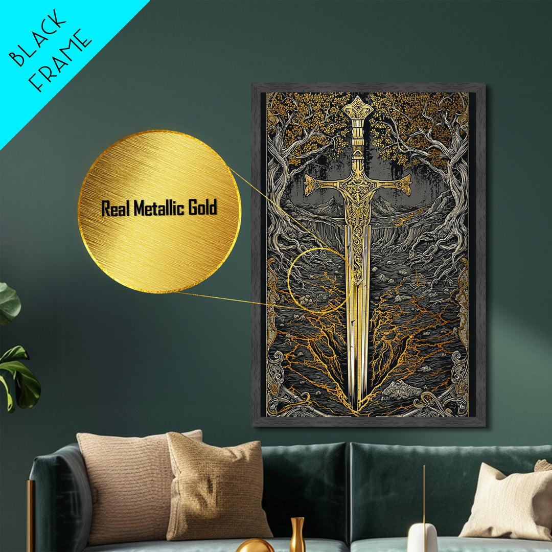 Yggdrasil Sword Metallic Gold Art, Nordic Mythology Metal Art for Office or Dad Gift, handcrafted and framed in real natural wood