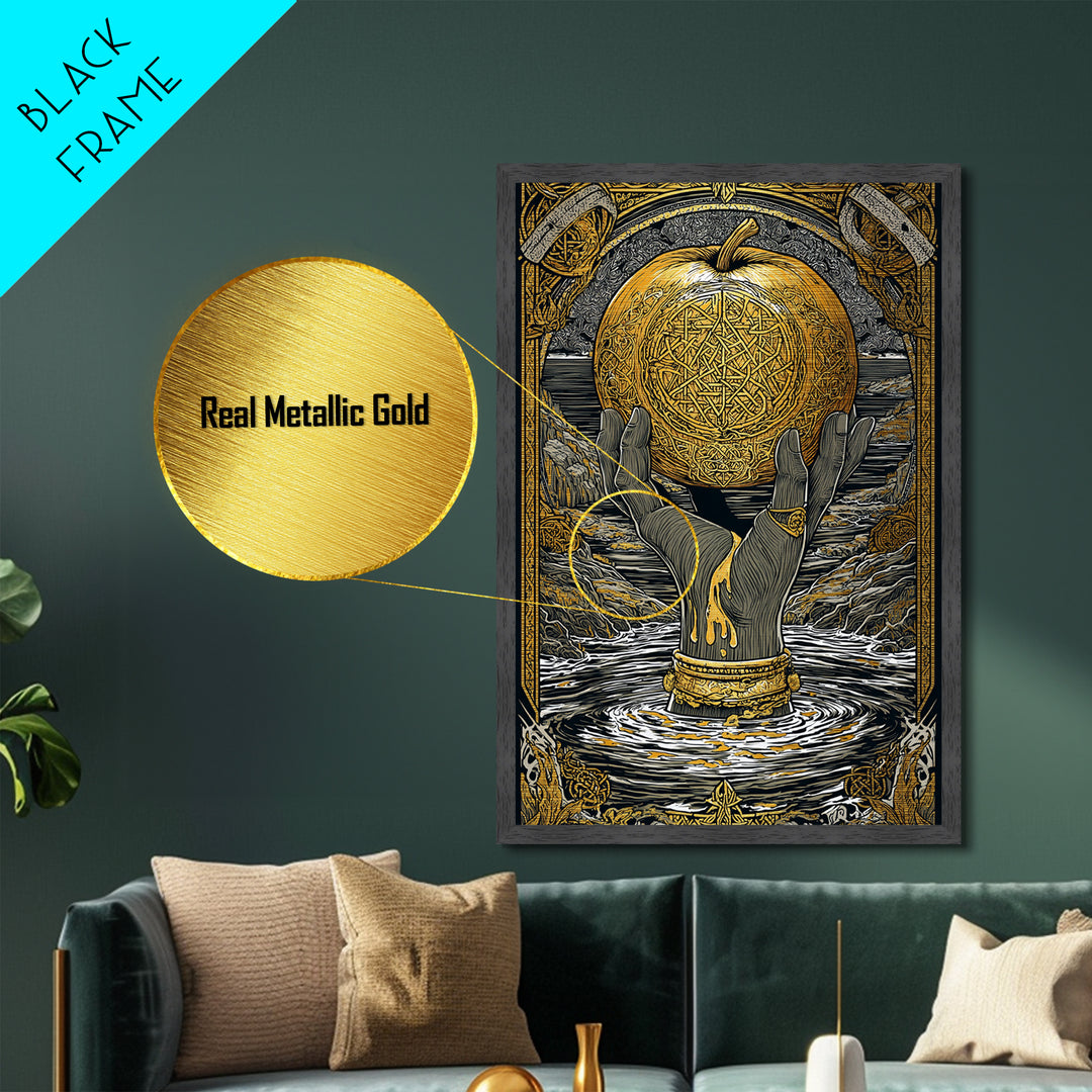 Mythic Apple Offering Metallic Gold Art Metal Art | Nordic God Wall Art Pagan Symbol Decor | Office or Man Cave | Wood Frame