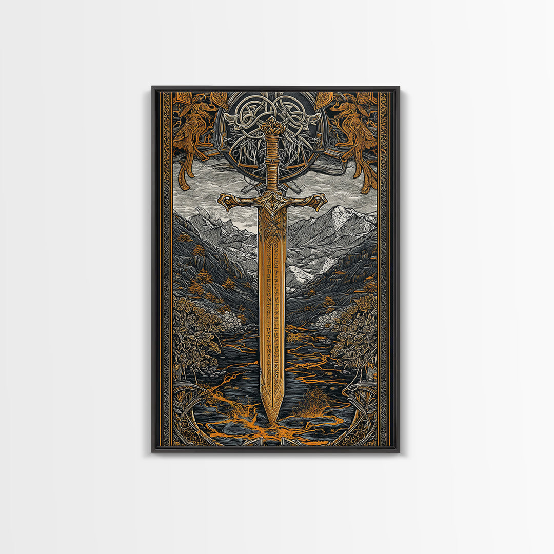 Norse Saga Sword Canvas Gold Art, Viking Inspired Canvas Art for Man Cave or Office, Nordic Mythology Wall Decor in real wood frame