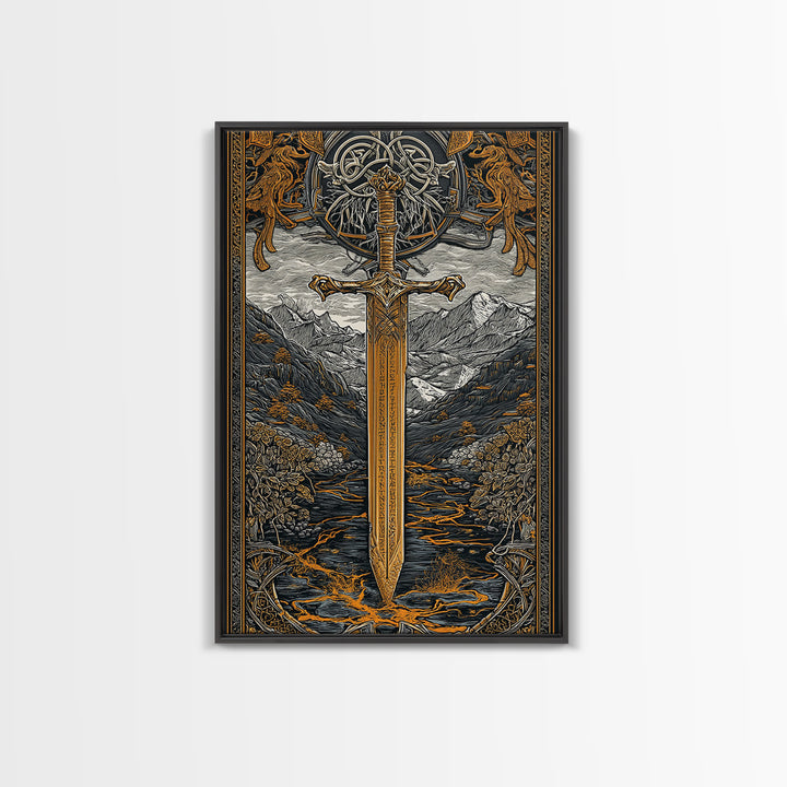 Norse Saga Sword Canvas Gold Art, Viking Inspired Canvas Art for Man Cave or Office, Nordic Mythology Wall Decor in real wood frame