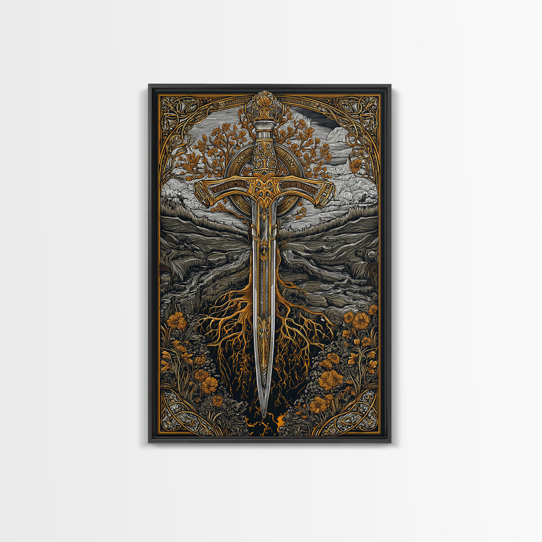 Nordic Sword of Yggdrasil Canvas Gold Art Canvas Art | Viking Mythology Wall Decor for Man Cave or Office | Framed in Real Wood