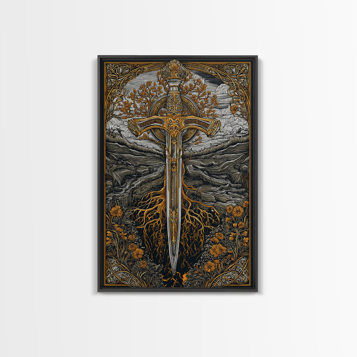 Nordic Sword of Yggdrasil Canvas Gold Art Canvas Art | Viking Mythology Wall Decor for Man Cave or Office | Framed in Real Wood