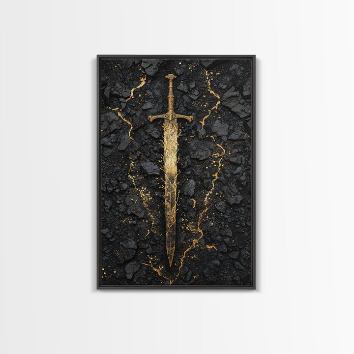 Ancient Viking Sword Canvas Gold Art Canvas Art | Norse Mythology Weapon Wall Decor Office Art Dad Gift | Mounted in Natural Wood