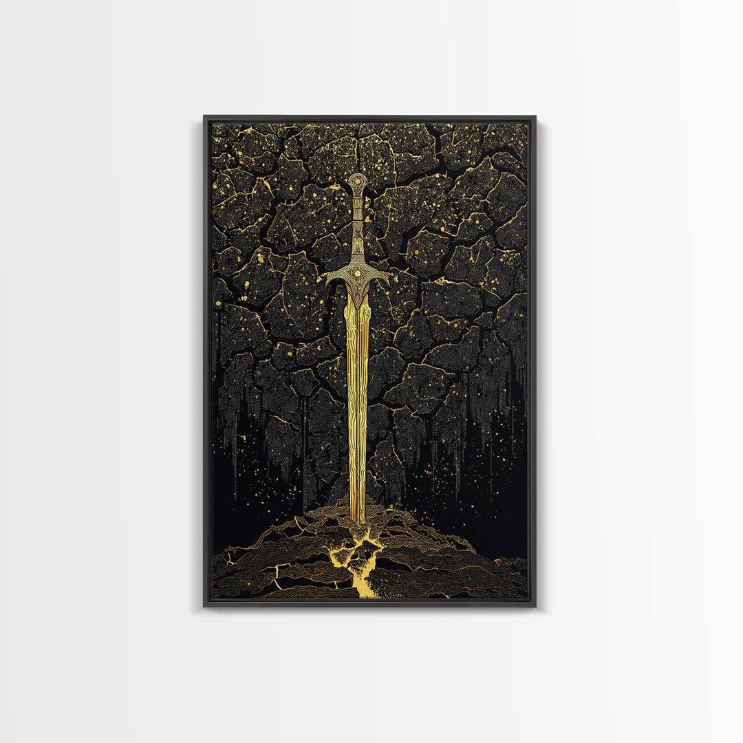 Cracked Earth Viking Blade Canvas Gold Art Canvas Art | Norse Mythology Wall Decor for Office or Man Cave | Framed with Real Wood