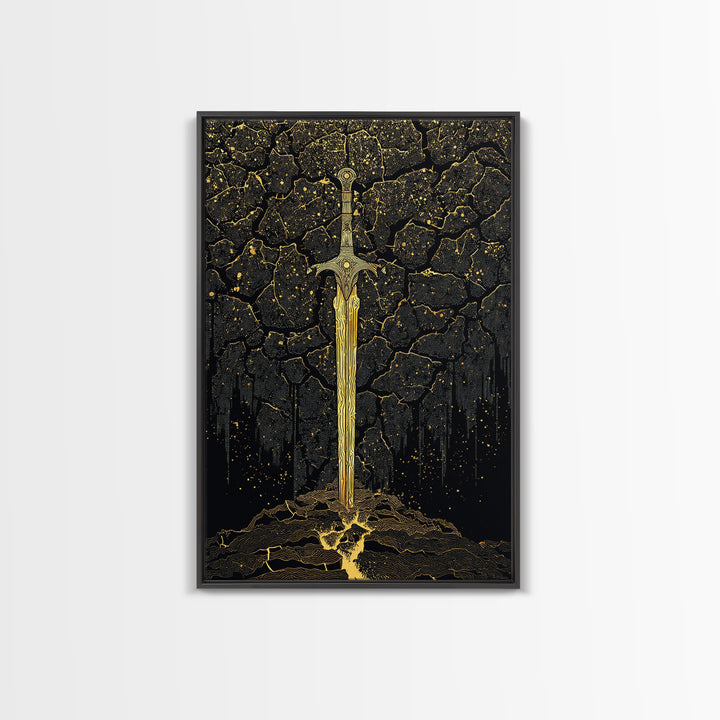 Cracked Earth Viking Blade Canvas Gold Art Canvas Art | Norse Mythology Wall Decor for Office or Man Cave | Framed with Real Wood