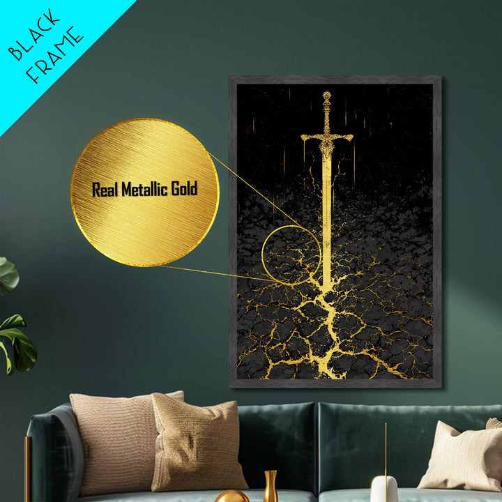 Norse Warrior Sword Metallic Gold Art Metal Art | Viking Mythology Weapon Wall Decor Dad Gift | Office Art with Natural Wood Frame