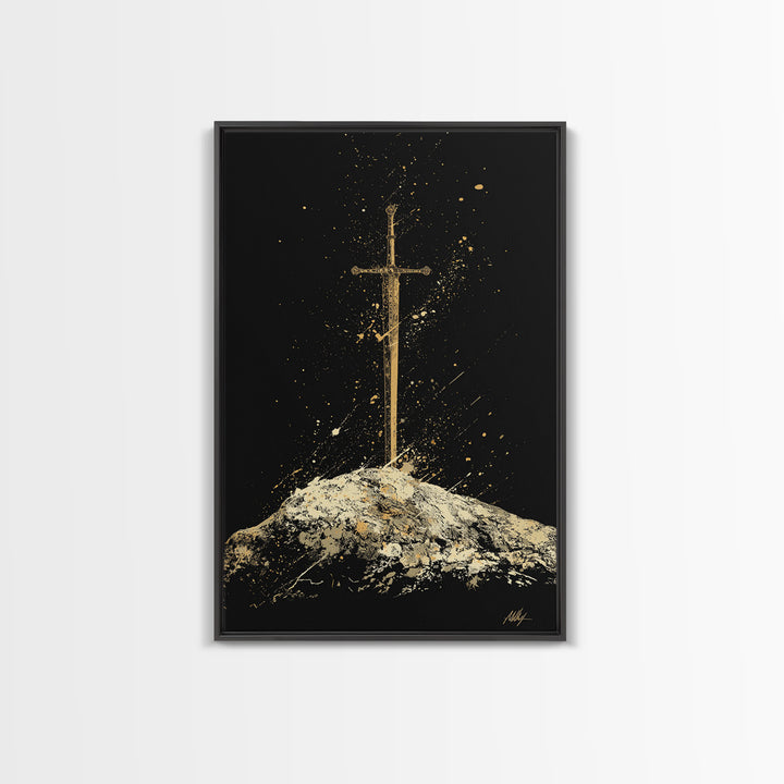 Sword in Stone Canvas Gold Art Canvas Art | Nordic Mythology Viking Weapon Wall Decor Office Art | Framed in Authentic Real Wood