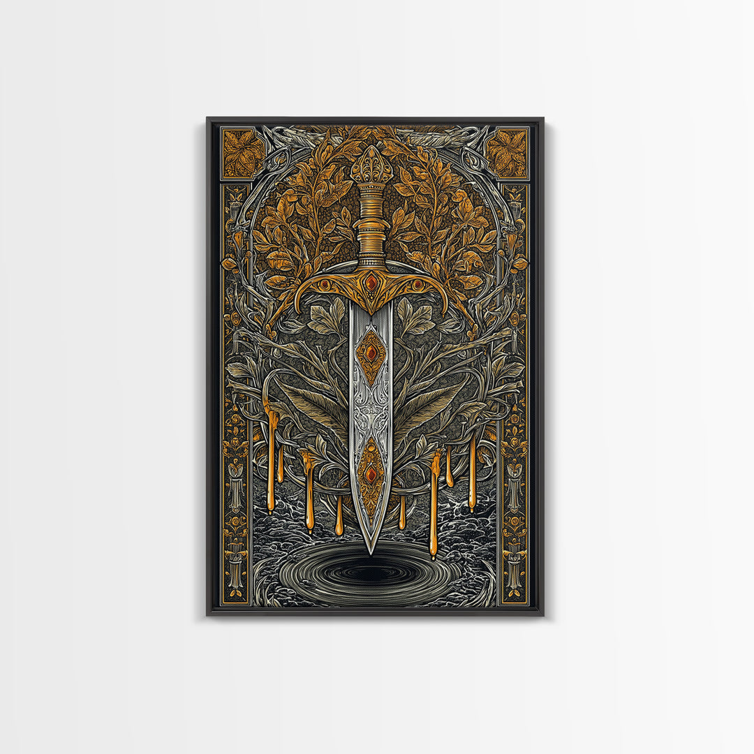 Golden Rune Sword Canvas Gold Art Canvas Art | Viking Mythology Weapon Wall Decor for Dad Gift | Office or Man Cave in Real Wood Frame
