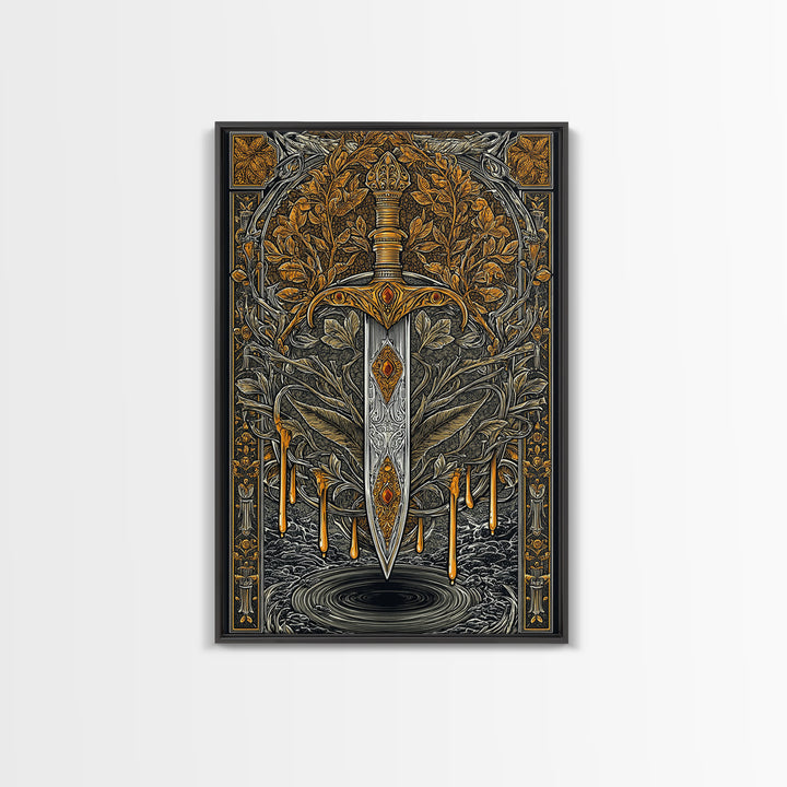 Golden Rune Sword Canvas Gold Art Canvas Art | Viking Mythology Weapon Wall Decor for Dad Gift | Office or Man Cave in Real Wood Frame