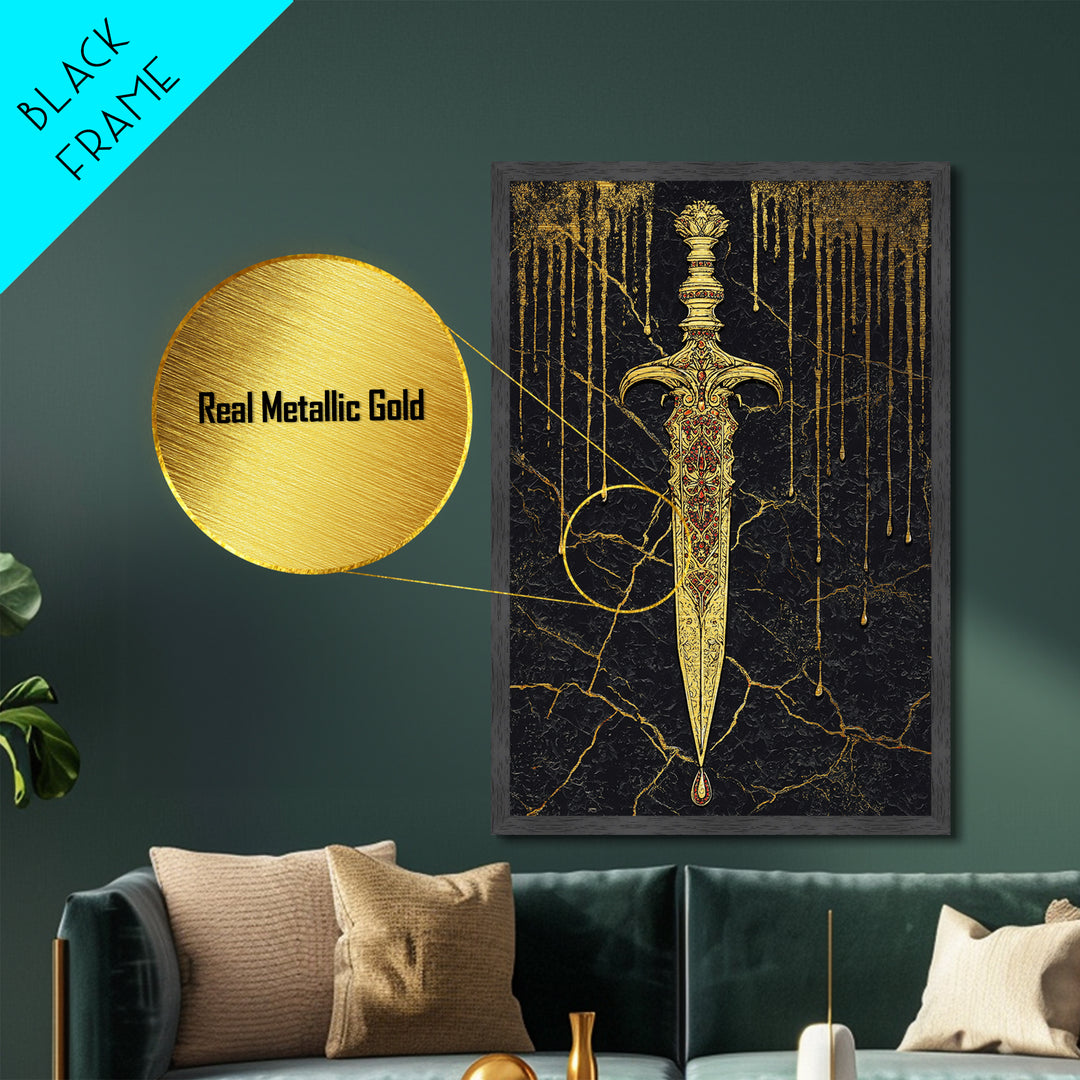 Norse Royal Dagger Metallic Gold Art Metal Art | Viking Weapon Mythology Wall Decor Office Art | Framed with Solid Natural Wood
