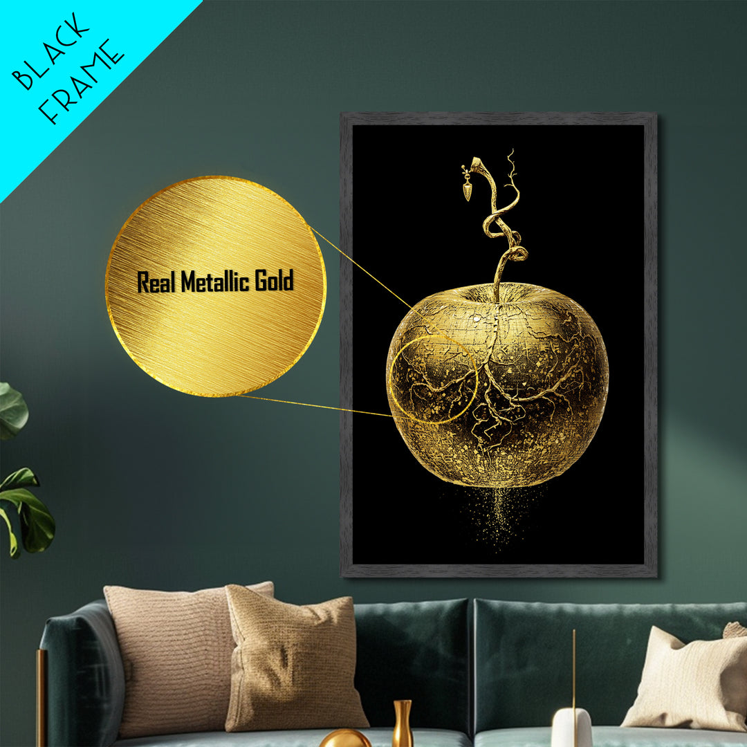 Golden Apple of Idunn Metallic Gold Art Metal Art | Norse Mythology Wall Decor Pagan Symbol | Office Art Dad Gift | Real Wood Frame