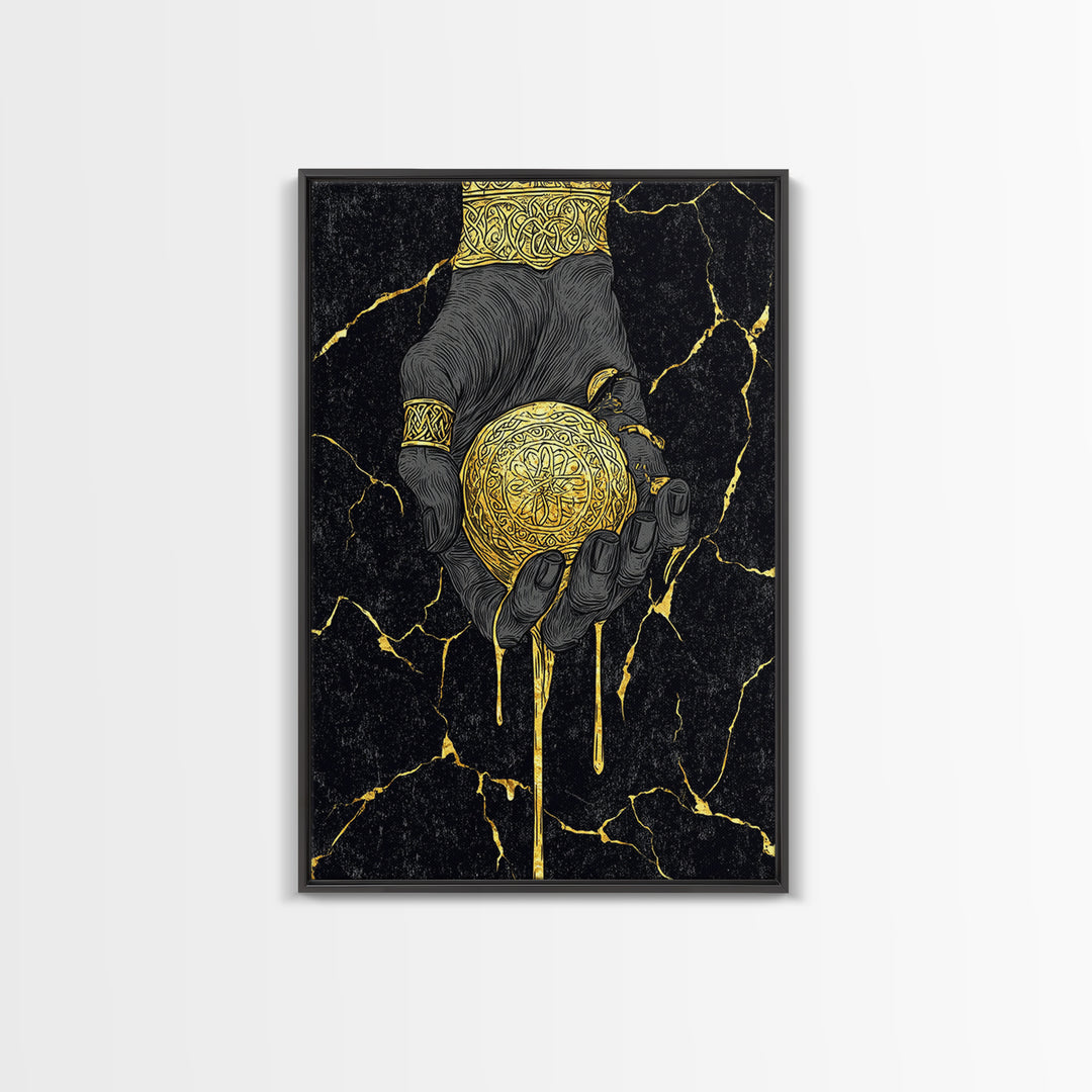 Runic Apple Canvas Gold Art Canvas Art | Viking Mythology Symbol Wall Art | Nordic Norse Decor Dad Gift | Natural Wood Frame