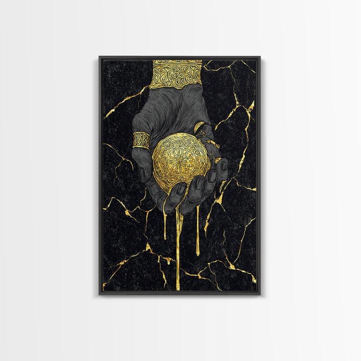 Runic Apple Canvas Gold Art Canvas Art | Viking Mythology Symbol Wall Art | Nordic Norse Decor Dad Gift | Natural Wood Frame
