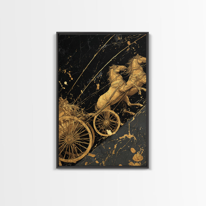 Norse Chariot Canvas Gold Art Canvas Art | Viking Mythology Horse Chariot Wall Decor for Office or Man Cave | Framed in Natural Wood