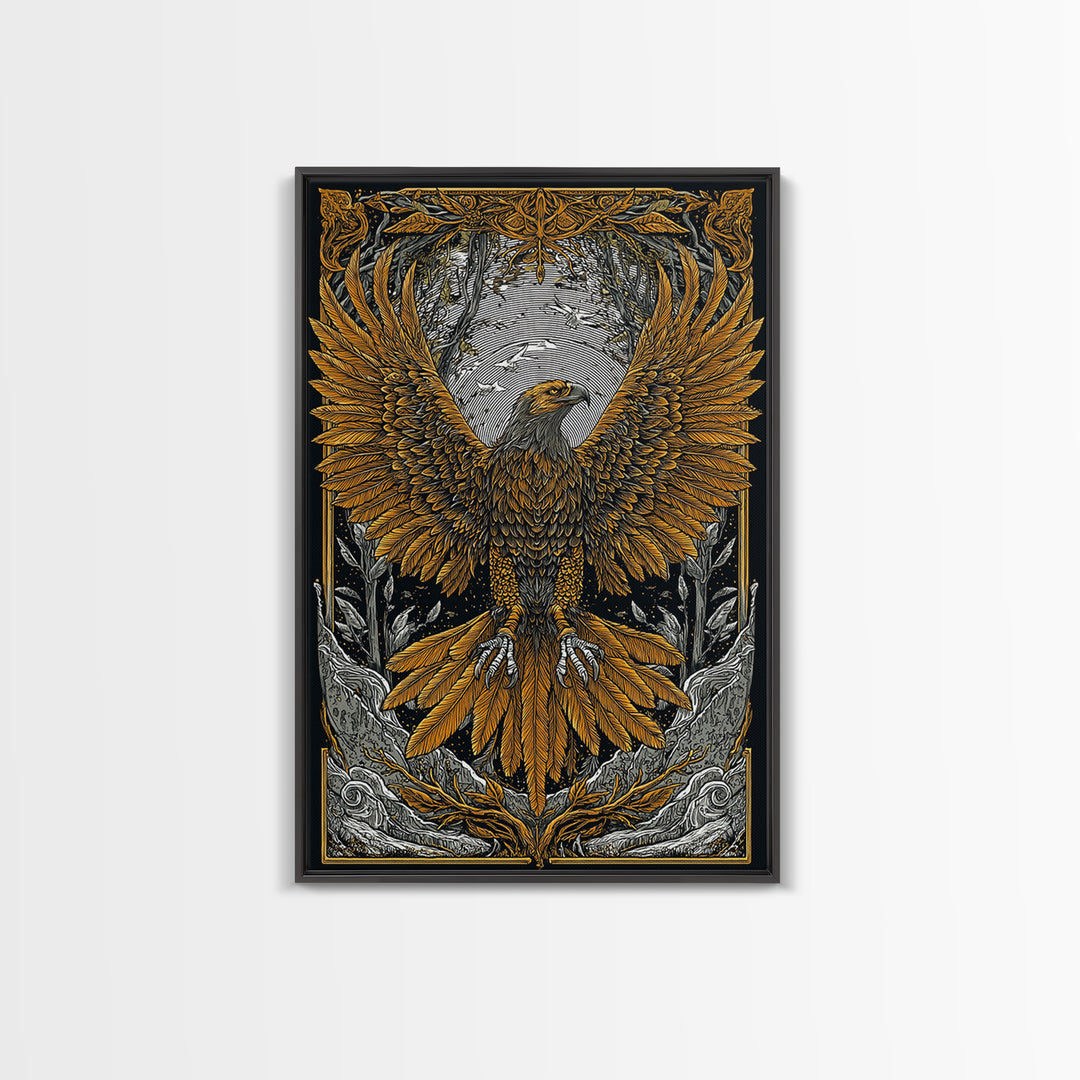 Nordic Eagle Canvas Gold Art Canvas Art Wall Decor for Office or Man Cave, Viking Inspired Artwork in Natural Wood Frame