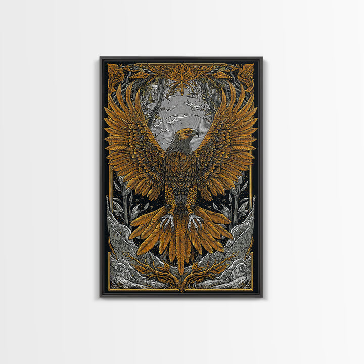 Nordic Eagle Canvas Gold Art Canvas Art Wall Decor for Office or Man Cave, Viking Inspired Artwork in Natural Wood Frame