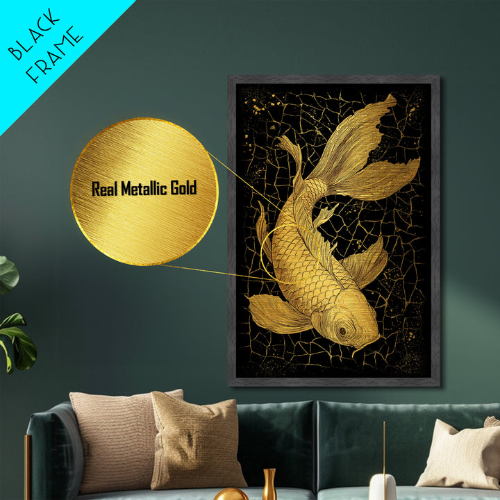 Nordic Mythology Metallic Gold Art Metal Art Koi Fish Wall Decor, Viking Inspired Gift for Men, Framed in Real Wood