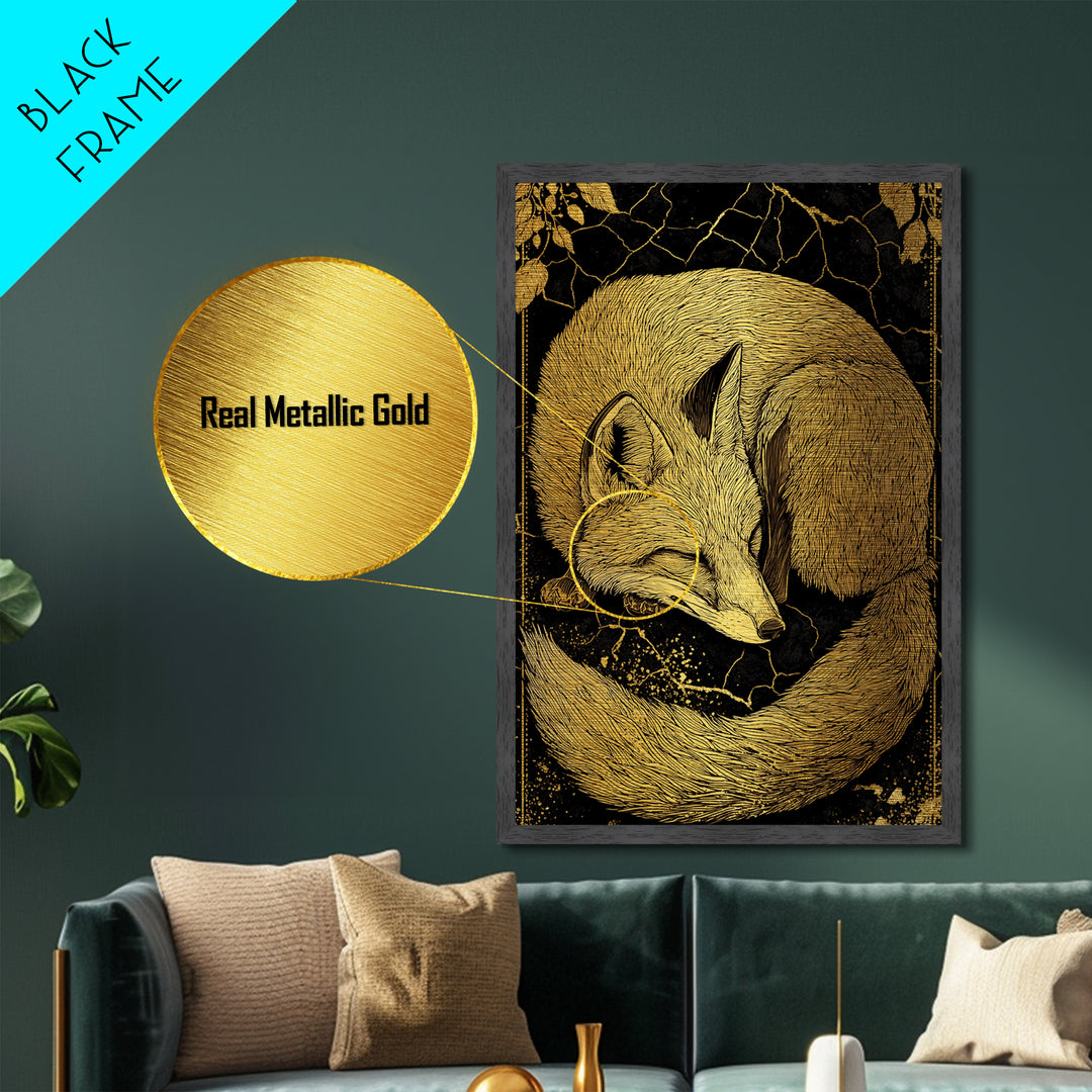 Nordic Sleeping Fox Metallic Gold Art Metal Art Decor, Viking Myth Inspired Animal Wall Hanging with Natural Wood Frame