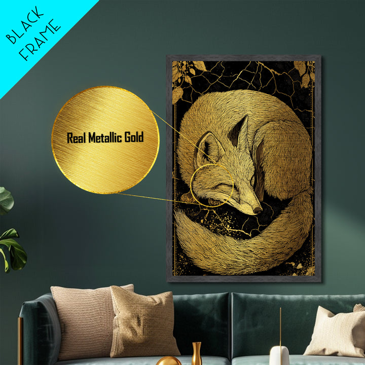 Nordic Sleeping Fox Metallic Gold Art Metal Art Decor, Viking Myth Inspired Animal Wall Hanging with Natural Wood Frame