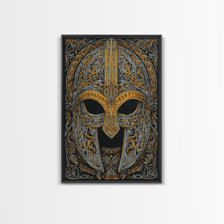 Viking Warrior Helmet Canvas Gold Art Canvas Art Wall Decor, Nordic Mythology Gift for Men or Office, Real Wood Frame Display