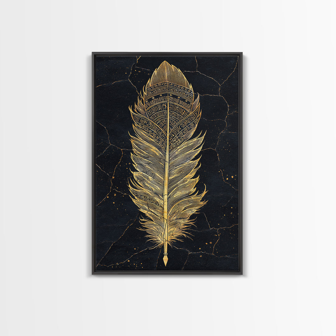 Canvas Gold Art Nordic Feather Canvas Art Wall Decor, Viking Myth Symbol Artwork for Men’s Office or Dad Gift, Real Wood Frame