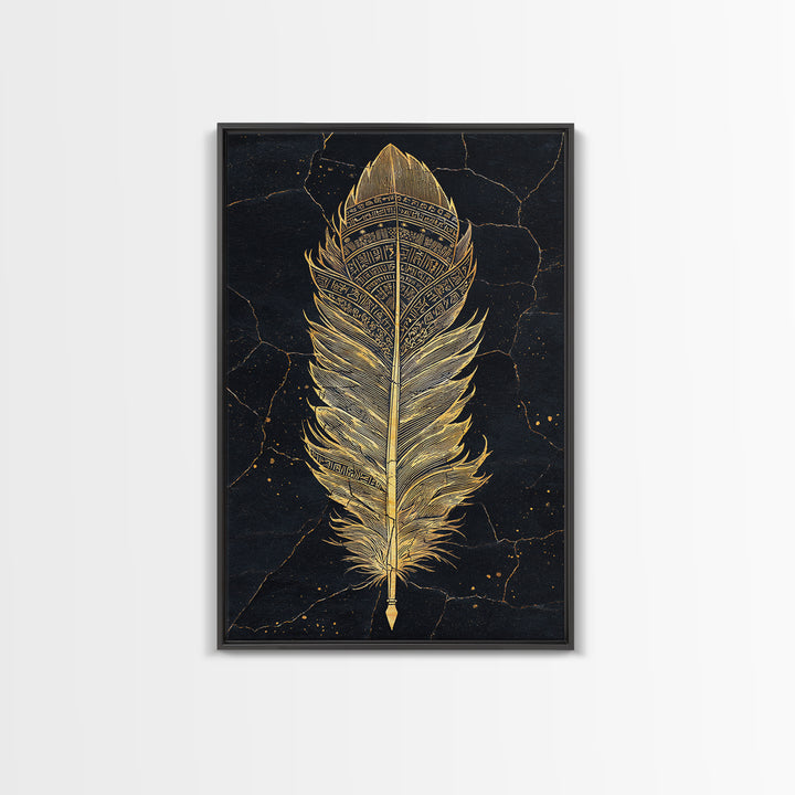 Canvas Gold Art Nordic Feather Canvas Art Wall Decor, Viking Myth Symbol Artwork for Men’s Office or Dad Gift, Real Wood Frame