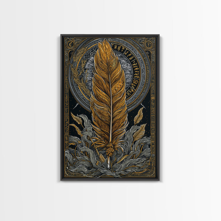 Nordic Mythology Feather Canvas Gold Art Canvas Art Wall Decor, Viking Symbolic Artwork for Man Cave or Office, Natural Wood Frame