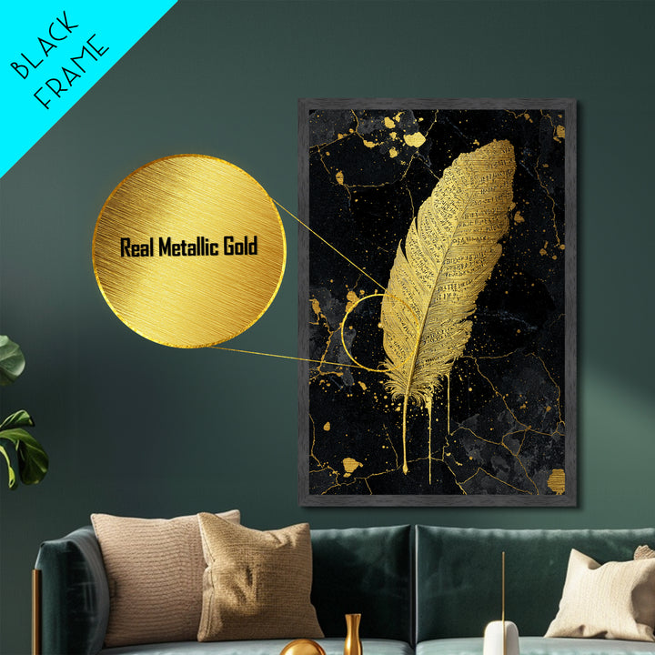 Runic Feather Metallic Gold Art, Nordic Mythology Inspired Metal Art for Office or Man Cave, Framed in Natural Wood