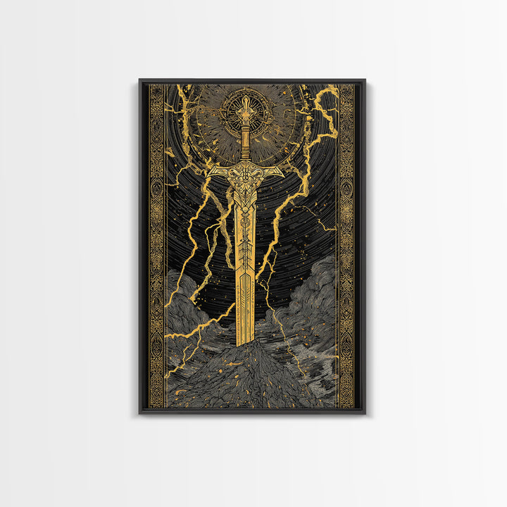 Thor’s Sword Canvas Gold Art, Viking Weapon Nordic Mythology Canvas Art for Man Cave or Office Wall, Real Wood Frame Included