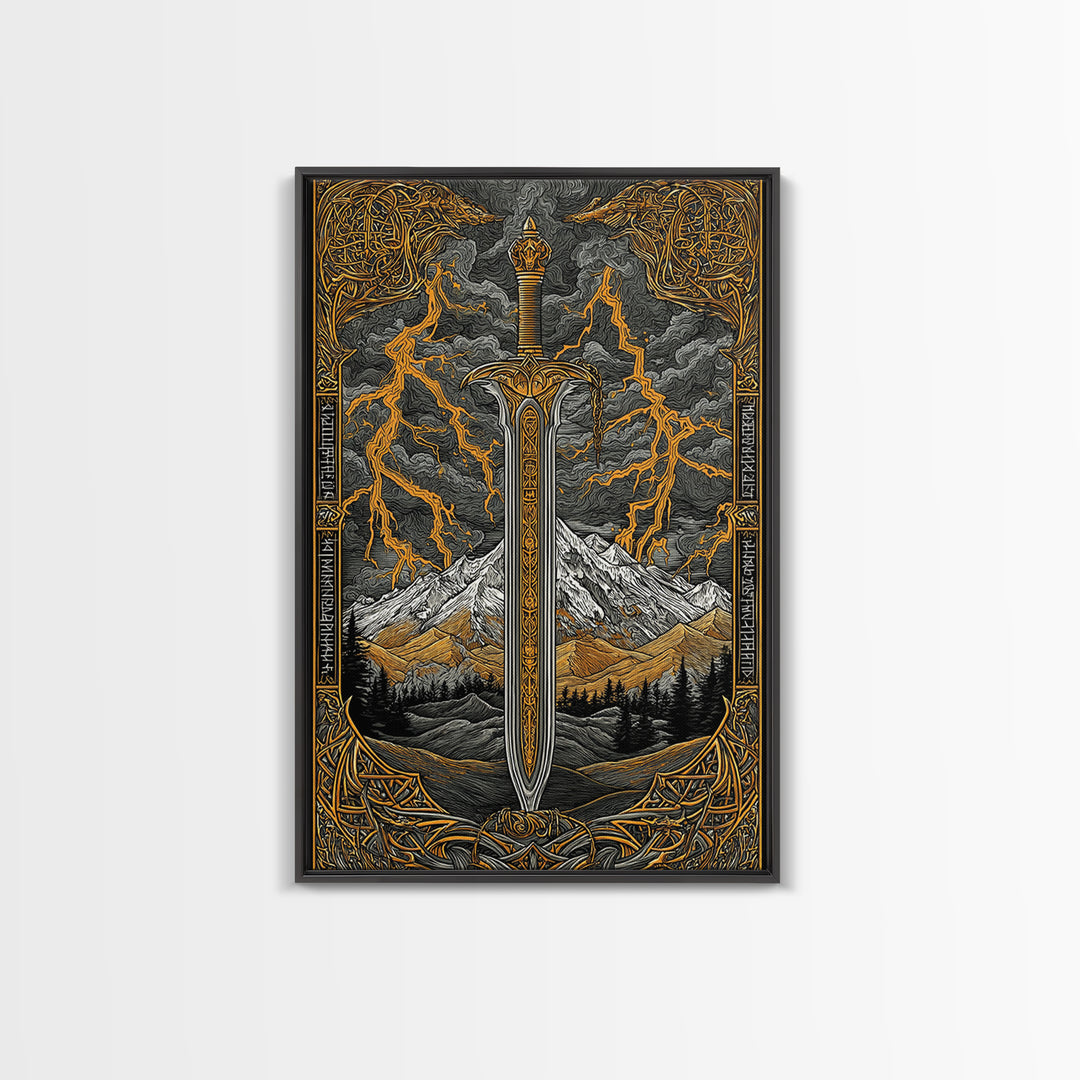 Odin’s Blade Canvas Gold Art, Lightning and Mountain Viking Sword Nordic Canvas Art, Office or Man Cave Decor, Wood Framed