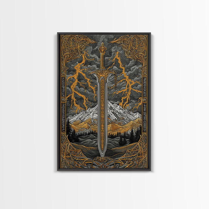Odin’s Blade Canvas Gold Art, Lightning and Mountain Viking Sword Nordic Canvas Art, Office or Man Cave Decor, Wood Framed