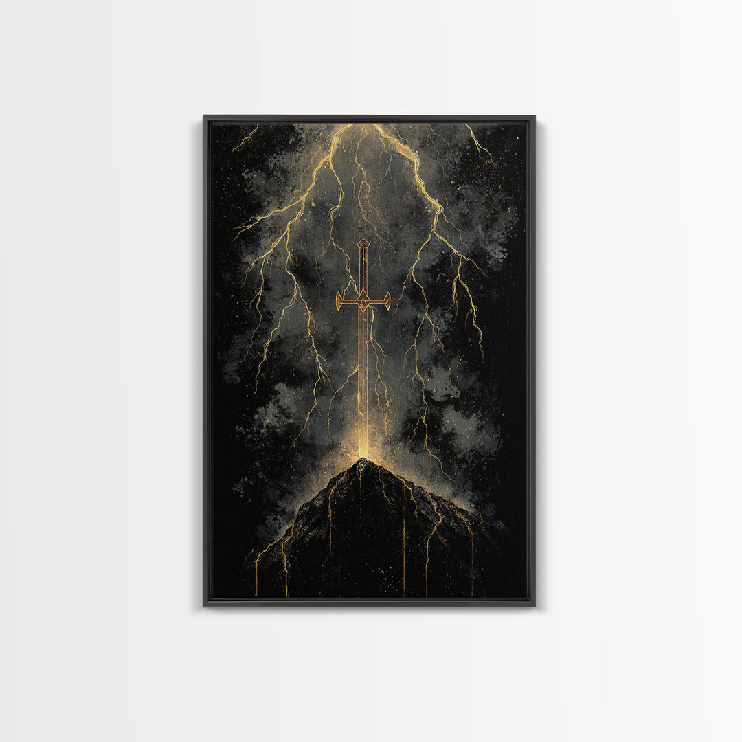 Storm Forged Sword Canvas Gold Art, Nordic Mythology Canvas Art with Lightning Strikes, Man Cave Office Decor, Real Wood Frame