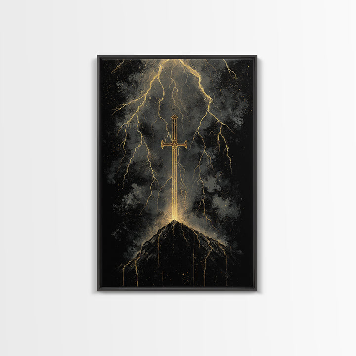 Storm Forged Sword Canvas Gold Art, Nordic Mythology Canvas Art with Lightning Strikes, Man Cave Office Decor, Real Wood Frame