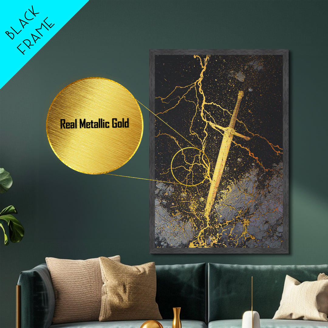 Runed Viking Sword Metallic Gold Art, Nordic Mythology Inspired Metal Art for Office Wall or Man Cave, Natural Wood Frame