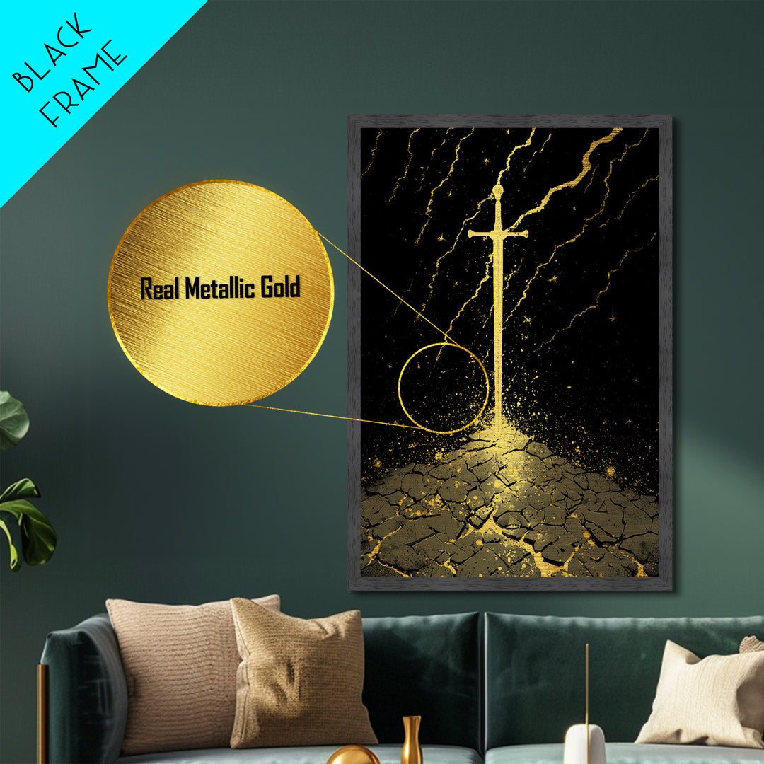 Odin’s Throne Metallic Gold Art, Viking Wolves and Norse Mythology Metal Art for Man Cave or Office Wall, with Real Wood Frame