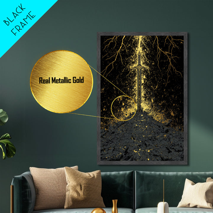 Nordic Throne Metallic Gold Art, Viking Symbolism Metal Art with Wolves and Carvings, Office or Dad Gift, Framed in Natural Wood