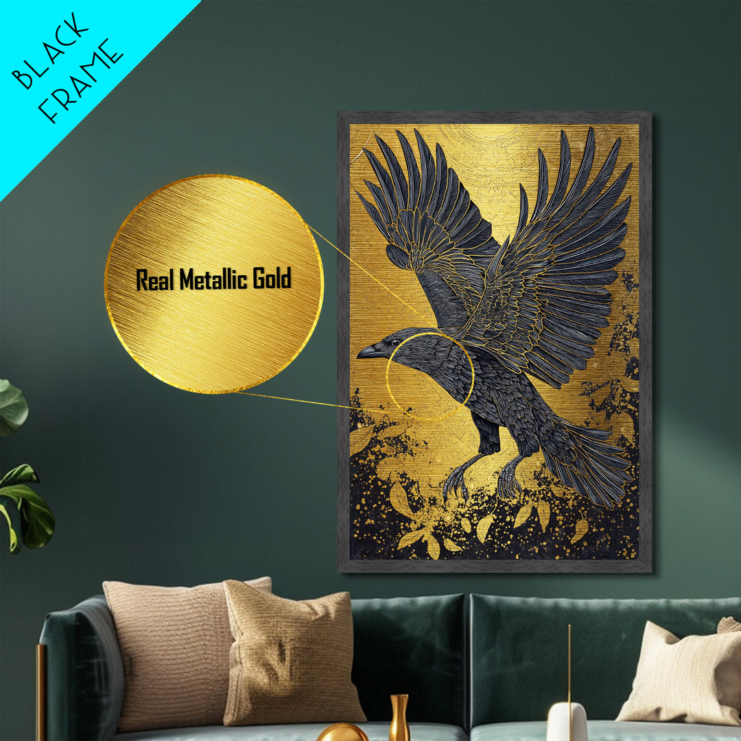 Raven of Odin Metallic Gold Art Metal Art | Norse Mythology Wall Decor | Viking Symbol Office Art Dad Gift | Natural Wood Frame