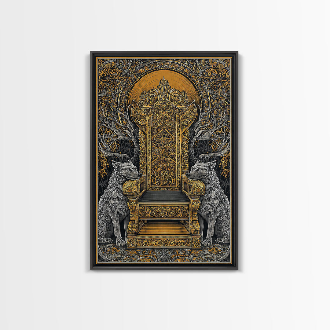Yggdrasil Throne Canvas Gold Art, Norse Mythology Viking Chair Canvas Art, Office or Man Cave Wall Decor, Real Wood Frame Included